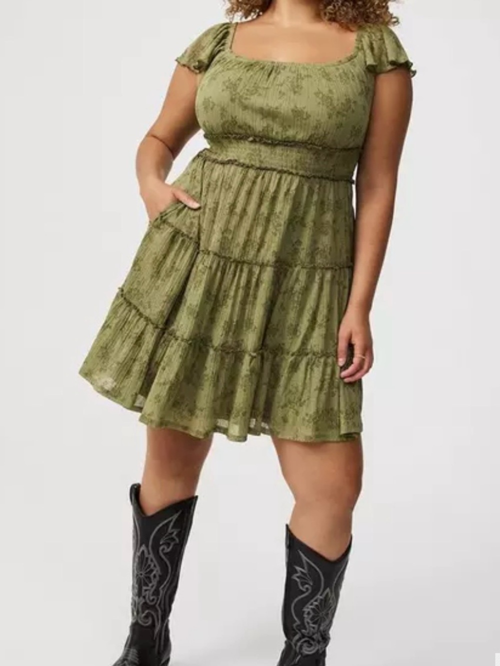 torrid Olive Green Floral Mini Flutter-Sleeve Tiered Rayon-Blend Dress Size 12 - Picture 3 of 11